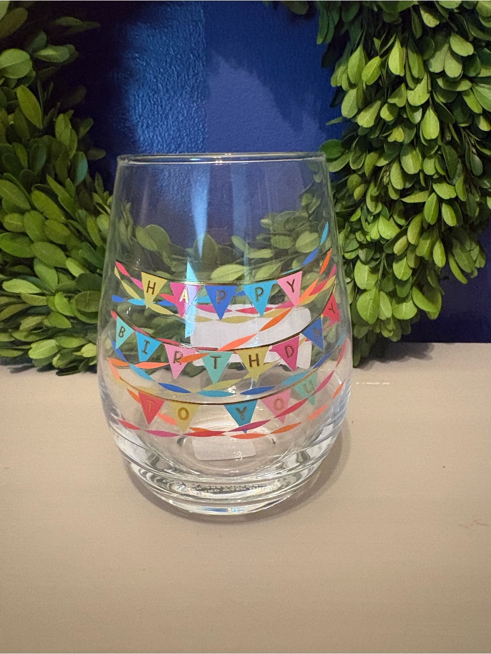 Birthday Banner Stemless Wine Glass - Colorful Party Flags